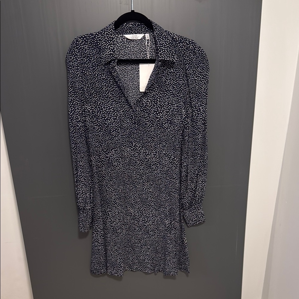 Navy Dress with Notched Collar and Bishop Sleeves
